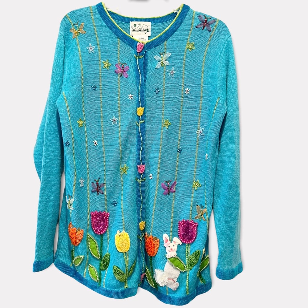Vintage The Quaker Factory Tulips Bunny Dragonfly Flower Beaded Cardigan Sz S